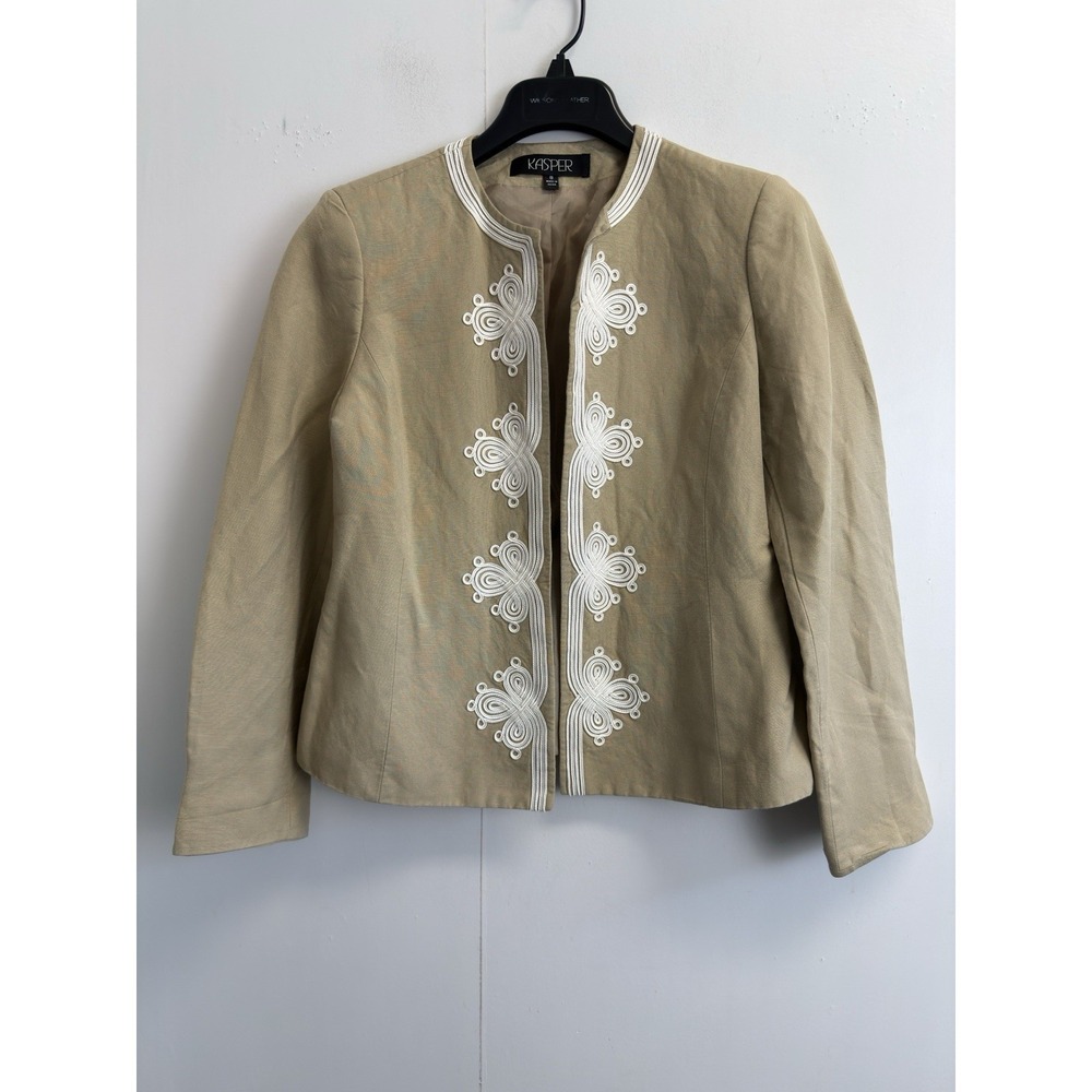 Kasper Women's Size 8 Jacket Linen Blend Beige White Embroidered Open Front